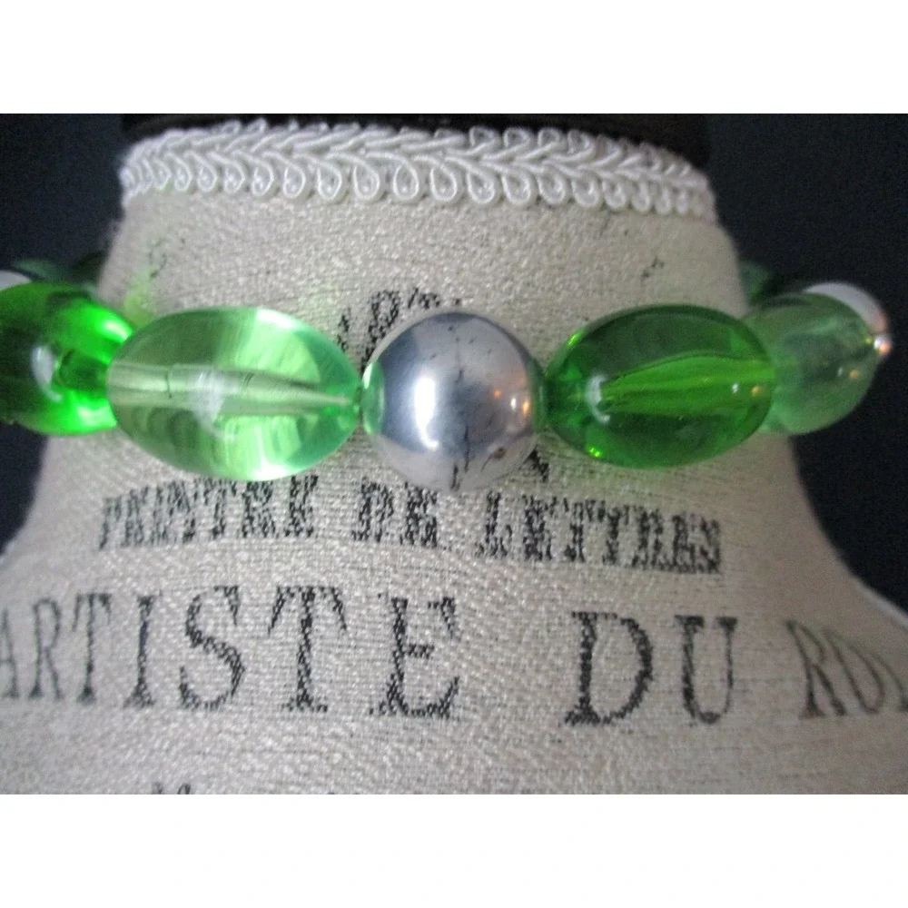 Vintage West Germany Lime Green and Silver Beaded Choker Necklace - Picture 9 of 10
